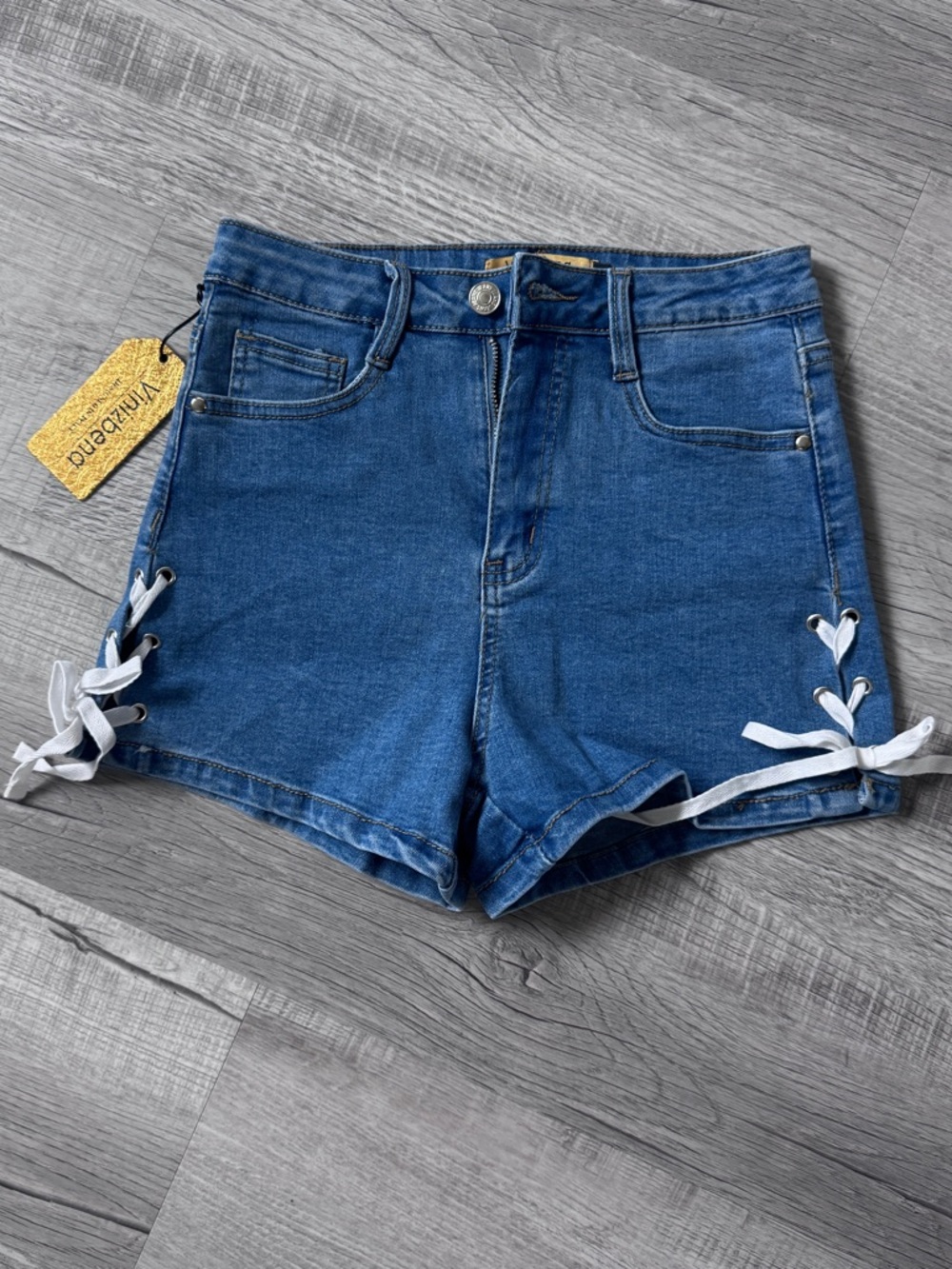 Vinizbena High Waisted Lace-Up Side Denim Shorts Blue NWT Size S, M, L